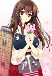 Rule 34 | 10s, 1girl, akagi (kancolle), brown eyes, brown hair, carnelian, flower, hair between eyes, kantai collection, looking at viewer, muneate, personification, petals, smile, solo