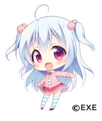 Rule 34 | 1girl, :d, ahoge, aoi yun, blue hair, blush, cardigan, chibi, collared shirt, full body, hair between eyes, hair ornament, long hair, long sleeves, looking at viewer, lowres, open mouth, original, pink cardigan, pom pom (clothes), red eyes, red skirt, shirt, simple background, skirt, smile, solo, standing, striped clothes, striped thighhighs, thighhighs, two side up, very long hair, watermark, white background, white shirt