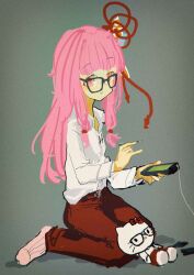 Rule 34 | 1girl, :3, absurdres, alternate costume, bespectacled, breast pocket, collared shirt, commentary request, crossover, dress shirt, film grain, glasses, grey background, hair ribbon, hello kitty, hello kitty (character), highres, holding, holding pda, holding stylus, kabuyama kaigi, kotonoha akane, long hair, long sleeves, looking at viewer, low-tied sidelocks, matching outfits, no shoes, open mouth, pants, pda, pen in pocket, pink eyes, pink hair, pink socks, pinky out, pocket, raised eyebrows, red pants, red ribbon, ribbon, sanrio, shirt, shirt tucked in, sidelocks, sitting, smile, socks, solo, stylus, vignetting, voiceroid, wariza