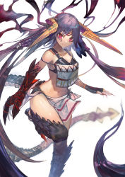 Rule 34 | 1girl, absurdly long hair, absurdres, arm at side, armor, bare shoulders, bikini armor, black gloves, black hair, boobplate, braid, breastplate, breasts, claws, cleavage, closed mouth, collarbone, darkness, dragon girl, dragon horns, dragon tail, eyelashes, facial mark, facial tattoo, fingerless gloves, fingernails, forehead mark, gloves, gradient hair, hair ornament, hair wings, hand up, highres, horns, lard (kumazakiyuta), leg up, long fingernails, long hair, looking at viewer, medium breasts, midriff, monster girl, multicolored hair, nail polish, navel, original, pelvic curtain, purple eyes, purple hair, red hair, red nails, scales, sharp fingernails, simple background, solo, standing, standing on one leg, tail, talons, tattoo, very long hair, white background
