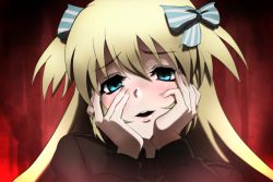Rule 34 | 1girl, blonde hair, blue eyes, blush, bow, genya (genya67), hair between eyes, hair bow, hair ribbon, hands on own face, highres, liz hohenstein, long hair, looking at viewer, muv-luv, muv-luv alternative, parody, ribbon, schwarzesmarken, solo, two side up, yandere, yandere trance
