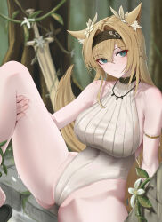 Rule 34 | 1girl, absurdres, animal ears, arknights, armlet, bare arms, bare shoulders, black hairband, blonde hair, blue eyes, braid, breasts, commentary, french braid, grey one-piece swimsuit, hairband, highres, horn (arknights), horn (to effloresce whitely) (arknights), knee up, large breasts, long hair, mildt, official alternate costume, one-piece swimsuit, sitting, solo, swimsuit, tail, thighs, wolf ears, wolf tail