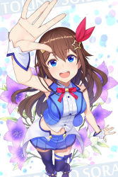 Rule 34 | 1girl, :d, ankle boots, arm at side, blouse, blue eyes, blue skirt, blue thighhighs, blue vest, boots, brown hair, brown thighhighs, contrapposto, flower, flower request, foreshortening, from above, hair between eyes, hair flaps, hair ornament, hand up, highres, hololive, idol, itou (onsoku tassha), leg ribbon, looking at viewer, miniskirt, neck ribbon, open mouth, pleated skirt, purple flower, purple footwear, reaching, reaching towards viewer, red ribbon, ribbon, shirt, skirt, smile, solo, standing, star (symbol), star hair ornament, thigh ribbon, thighhighs, tokino sora, tokino sora (1st costume), vest, virtual youtuber, waist cape, white shirt