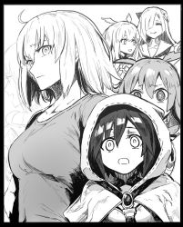 Rule 34 | 6+girls, @ @, ahoge, brynhildr (fate), closed eyes, commentary, fate/grand order, fate (series), greyscale, hair between eyes, hair over one eye, head wings, hildr (fate), hood, jeanne d&#039;arc (fate), jeanne d&#039;arc (ruler) (fate), jeanne d&#039;arc alter (avenger) (fate), jeanne d&#039;arc alter (fate), jeanne d&#039;arc alter santa lily (fate), long hair, monochrome, multiple girls, multiple persona, open mouth, ortlinde (fate), short hair, smile, syatey, thrud (fate), upper body, valkyrie (fate), wings