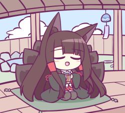 Rule 34 | 1girl, akagi (azur lane), animal ear fluff, azur lane, black kimono, black thighhighs, breasts, brown hair, brown tail, cup, closed eyes, holding, holding cup, japanese clothes, kashimu, kimono, kitsune, kyuubi, large breasts, long hair, multiple tails, onsen, open mouth, outdoors, pleated skirt, red skirt, sitting, skirt, skirt under kimono, solo, tail, thighhighs, wariza, wide sleeves