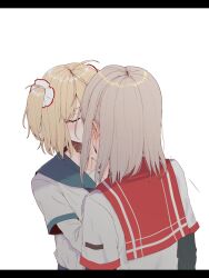 Rule 34 | 2girls, 34fa11inlove, ahoge, arms at sides, ayano rika, black sleeves, blonde hair, blue sailor collar, blush, chuo academy school uniform, closed eyes, facing another, from behind, grey hair, hand on another&#039;s face, highres, isuzu ren, kamihama university affiliated school uniform, kiss, layered sleeves, letterboxed, long sleeves, magia record: mahou shoujo madoka magica gaiden, mahou shoujo madoka magica, medium hair, multiple girls, red sailor collar, sailor collar, sailor shirt, school uniform, scrunchie, serafuku, shirt, short hair, short over long sleeves, short sleeves, simple background, swept bangs, two side up, upper body, white background, white scrunchie, white shirt, yuri