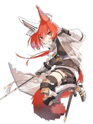 Rule 34 | 1girl, animal ears, arknights, armor, black skirt, black thighhighs, boots, closed mouth, ear covers, earpiece, flametail (arknights), full body, gambeson, gauntlets, highres, holding, holding weapon, knee boots, orange eyes, pleated skirt, red eyes, red hair, simple background, single ear cover, skirt, solo, squirrel ears, squirrel girl, squirrel tail, tail, thigh strap, thighhighs, weapon, white background, yachima tana