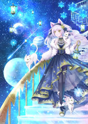 Rule 34 | 1girl, :3, blush, boots, buttons, cat, cat girl, cat tail, crystal, double-breasted, dress, footwear ribbon, fur-trimmed boots, fur jacket, fur trim, hair ornament, hair ribbon, hairband, high-low skirt, highres, holding, holding lantern, jacket, lantern, long hair, long sleeves, off shoulder, original, pantyhose, planet, railing, ribbon, see-through, see-through dress, shooting star, sky, sleeveless, sleeveless dress, smile, solo, space, stairs, star (sky), star (symbol), star hair ornament, star print, starry sky, suzune (p5lel), tail, thigh strap, very long hair, walking, white cat, white hair, yellow eyes