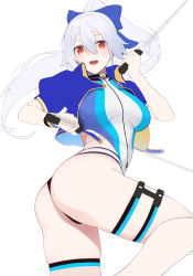 Rule 34 | 1girl, absurdres, ass, bikini, blue bow, bow, breasts, dual wielding, enosan, fate/grand order, fate (series), grey hair, hair between eyes, hair bow, highleg, highleg swimsuit, highres, holding, holding weapon, long hair, looking at viewer, medium breasts, multicolored clothes, multicolored swimsuit, one-piece swimsuit, open mouth, ponytail, red eyes, simple background, solo, swimsuit, thigh strap, tomoe gozen (fate), tomoe gozen (swimsuit saber) (fate), very long hair, weapon, white background, wristband