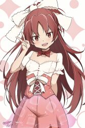 1girl alternate_hairstyle blush bow bow_choker breasts choker commentary corset dress familymart hair_bow highres long_hair looking_at_viewer mahou_shoujo_madoka_magica mahou_shoujo_madoka_magica_(anime) nagare_(flow) red_eyes red_hair sakura_kyoko small_breasts smile solo v