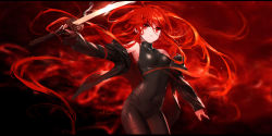 Rule 34 | 1girl, armpits, artist name, bare shoulders, black jacket, bodysuit, border, breasts, covered navel, cowboy shot, highres, holding, holding sword, holding weapon, jacket, katana, long hair, long sleeves, off shoulder, open clothes, open jacket, red eyes, red hair, shakugan no shana, shana, signature, skin tight, sleeveless, small breasts, solo, swd3e2, sword, very long hair, weapon, wide shot