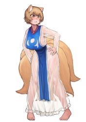 Rule 34 | 1girl, absurdres, animal ears, blonde hair, blush, breasts, chanta (ayatakaoisii), dress, fox ears, fox tail, full body, hands on own hips, highres, large breasts, leaning forward, no headwear, no headwear, nose blush, short hair, simple background, solo, tabard, tail, touhou, white background, white dress, yakumo ran, yellow eyes