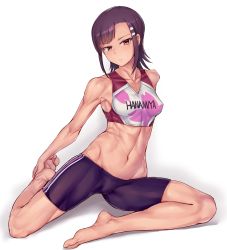 Rule 34 | 1girl, absurdres, aomoro, arm behind back, armpits, bad id, bad pixiv id, bare arms, bare legs, bare shoulders, barefoot, bike shorts, blush, breasts, brown eyes, closed mouth, clothes writing, collarbone, commentary request, full body, hair ornament, hairclip, highres, iwakakeru! sport climbing girls, navel, purple hair, serious, short hair, simple background, sitting, small breasts, solo, sports bra, stomach, stretching, toned, uehara jun, white background