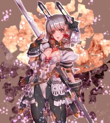 Rule 34 | 10s, 1girl, abstract background, alternate costume, belt, black gloves, blunt bangs, blush, breasts, cleavage, commentary request, cowboy shot, fingerless gloves, frilled skirt, frills, gloves, grey hair, hair ornament, hair ribbon, hair scrunchie, headgear, holding, holding weapon, kantai collection, lance, leotard, long hair, looking to the side, murakumo (kancolle), open mouth, orange eyes, pantyhose, polearm, puffy short sleeves, puffy sleeves, ribbon, satoyasu, scrunchie, short sleeves, skirt, solo, tress ribbon, weapon