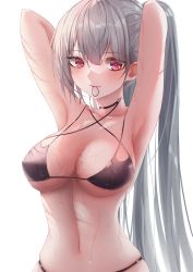 Rule 34 | 1girl, absurdres, armpits, arms behind head, arms up, azur lane, bad id, bad pixiv id, bare arms, bare shoulders, bikini, black choker, breasts, choker, cleavage, criss-cross halter, formidable (azur lane), grey hair, hair tie in mouth, halterneck, highres, large breasts, long hair, looking at viewer, mouth hold, multi-strapped bikini, navel, ponytail, red eyes, simple background, skindentation, smile, solo, stomach, string bikini, swimsuit, turbulence, upper body, very long hair, wet, white background