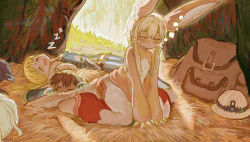 Rule 34 | 1boy, 1girl, 1other, animal ears, backpack, bag, blonde hair, brown hair, grey hair, hay, highres, kukuki, made in abyss, nanachi (made in abyss), rabbit ears, rabbit tail, regu (made in abyss), riko (made in abyss), sleeping, sleeping on person, snoring, tail