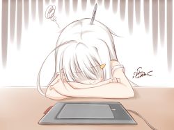 Rule 34 | 1girl, ahoge, bamboo pen, drawing tablet, gradient background, hair ornament, hairclip, huge ahoge, lethe-shion, no eyes, original, shaded face, signature, smile, solo, squiggle, stylus, wacom