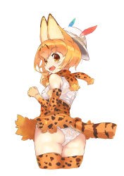 Rule 34 | 10s, 1girl, animal ears, ass, blonde hair, commentary request, hat, hat feather, highres, kemono friends, looking at viewer, looking back, open mouth, serval (kemono friends), serval print, short hair, simple background, solo, visark, white background