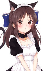 Rule 34 | 10s, 1girl, :t, alternate costume, animal ears, apron, bell, black dress, blue bow, blush, bow, breasts, brown eyes, brown hair, cat ears, cat tail, closed mouth, collarbone, commentary request, detached collar, dress, embarrassed, enmaided, frilled bow, frills, hair bow, highres, idolmaster, idolmaster cinderella girls, jingle bell, long hair, looking at viewer, maid, maid headdress, minikon, pout, puffy short sleeves, puffy sleeves, raised eyebrows, short sleeves, simple background, small breasts, solo, tachibana arisu, tail, tareme, upper body, v arms, white apron, white background