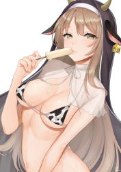Rule 34 | 1girl, absurdres, animal ears, animal print, bikini, blush, breasts, brown hair, cleavage, closed mouth, collarbone, cow ears, cow horns, cow print, eating, fake animal ears, fake horns, food, highres, holding, holding food, horns, looking at viewer, medium breasts, micro bikini, mizuiro 32, nail polish, navel, nijisanji, pink nails, popsicle, see-through, signature, sister claire, sister claire (1st costume), solo, straight hair, swimsuit, upper body, veil, virtual youtuber, yellow eyes