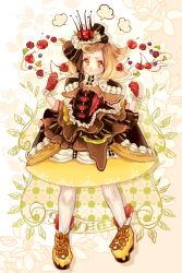 Rule 34 | 1girl, :t, annoyed, black bow, blueberry, blush, bow, brown bow, brown eyes, brown hair, dress, food, food-themed clothes, food-themed hair ornament, fruit, full body, gloves, hair bow, hair ornament, highres, laila (denbu3), layered dress, lolita fashion, looking at viewer, original, personification, pocketland, pudding a la mode, raspberry, red gloves, short hair, solo, standing, whipped cream