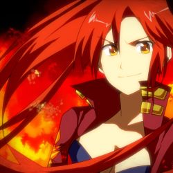 Rule 34 | &gt;:), 00s, 1girl, bad id, bad pixiv id, breasts, cleavage, close-up, closed mouth, fire, fire, floating hair, high collar, is2k331, jacket, long hair, looking at viewer, ponytail, red hair, smile, smirk, solo, tengen toppa gurren lagann, upper body, v-shaped eyebrows, wind, yellow eyes, yoko littner