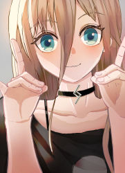 Rule 34 | 1girl, :3, absurdres, black shirt, blue eyes, cevio, close-up, collarbone, commentary, grey background, hair between eyes, hands up, highres, ia (vocaloid), long hair, looking at viewer, pendant choker, platinum blonde hair, shirt, shiyomifu, smile, solo, upper body, vocaloid
