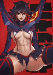 Rule 34 | 1girl, abs, absurdres, black gloves, black hair, black skirt, black thighhighs, blue eyes, breasts, gloves, highres, kill la kill, large breasts, leaning back, living clothes, long sleeves, looking at viewer, matoi ryuuko, miniskirt, monori rogue, multicolored hair, navel, pleated skirt, red background, red hair, red trim, revealing clothes, senketsu, sideboob, sitting, skirt, solo, spread legs, streaked hair, suspenders, thick thighs, thighhighs, thighs, toned, underboob, upper body