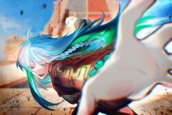 Rule 34 | 1girl, blue hair, blue sky, blurry, braid, clenched hand, depth of field, fate/grand order, fate (series), green eyes, highres, itsumo133, kukulkan (fate), kukulkan (first ascension) (fate), long hair, long sleeves, looking at viewer, meme, mexican clothes, open mouth, outdoors, pepe punch (meme), sharp teeth, sky, solo, teeth