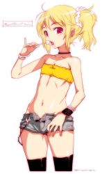 Rule 34 | 1girl, bandeau, blonde hair, candy, choker, cowboy shot, earrings, flat chest, jewelry, lollipop, midriff, mudou eichi, red eyes, short hair, short shorts, shorts, solo, strapless, thighhighs, tube top, twintails, unbuttoned