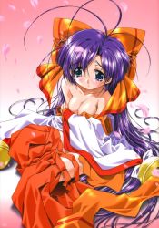 Rule 34 | 1990s (style), 1girl, ahoge, bare shoulders, blue eyes, blush, bow, breasts, cleavage, hair bow, japanese clothes, kimono, long hair, miko, muse (tenshi ni narumon), official art, oono tetsuya, petals, pink background, purple hair, scan, solo, tears, tenshi ni narumon, undressing