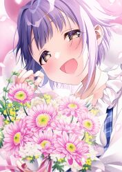 Rule 34 | 1girl, balloon, blue skirt, blush, breasts, brown eyes, collarbone, dot nose, falling petals, flower, grey hair, hair flaps, hand up, highres, holding, holding flower, idolmaster, idolmaster cinderella girls, idolmaster cinderella girls starlight stage, koshimizu sachiko, looking at viewer, nako narita, open mouth, petals, pink flower, plaid, plaid skirt, purple hair, shirt, short hair, skirt, small breasts, smile, solo, suspender skirt, suspenders, upper body, white shirt, yellow flower