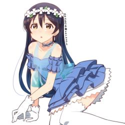 Rule 34 | 1girl, arm support, bare shoulders, blue hair, blush, choker, commentary request, dress, earrings, flower, gloves, hair between eyes, hair ornament, head wreath, jewelry, long hair, looking at viewer, love live!, love live! school idol project, open mouth, simple background, skull573, solo, sonoda umi, thighhighs, white gloves, white thighhighs, yellow eyes, yume no tobira