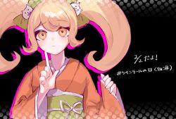 Rule 34 | 1girl, blonde hair, blush, bow, cat hair ornament, closed mouth, commentary request, danganronpa (series), danganronpa 2: goodbye despair, frown, green bow, hair bow, hair ornament, halftone, halftone background, hands up, hasai min to, highres, index finger raised, japanese clothes, kimono, long hair, long sleeves, looking at viewer, obi, polka dot, polka dot background, saionji hiyoko, sash, solo, swept bangs, translation request, twintails, upper body, wide sleeves