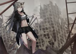 Rule 34 | 1girl, absurdres, animal ears, arknights, bandeau, black jacket, black nails, black shorts, breasts, commentary, feet out of frame, fingerless gloves, gloves, grey eyes, grey sky, hair between eyes, hair ornament, hairclip, highres, jacket, jibajiu, katana, lappland (arknights), long hair, long sleeves, looking at viewer, material growth, medium breasts, midriff, nail polish, navel, open clothes, open jacket, oripathy lesion (arknights), outdoors, scar, scar across eye, scar on face, short shorts, shorts, silver hair, sky, smile, solo, standing, stomach, strapless, sword, thighs, tube top, very long hair, weapon, white gloves, wide sleeves, wolf ears