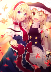Rule 34 | 2girls, ;d, akane hazuki, alice margatroid, apron, arm around waist, autumn leaves, backlighting, black hat, blonde hair, blue dress, blue eyes, bow, braid, capelet, dress, hairband, hat, hat bow, kirisame marisa, long hair, looking at viewer, multiple girls, one eye closed, open mouth, red bow, red hairband, red neckwear, short sleeves, single braid, smile, standing, touhou, very long hair, white apron, white bow, white capelet, yellow eyes