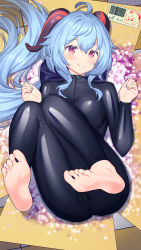 Rule 34 | 1girl, absurdres, ahoge, barefoot, black bodysuit, blue hair, bodysuit, box, breasts, commentary request, feet, foot focus, foreshortening, ganyu (genshin impact), genshin impact, goat horns, highres, horns, in box, in container, latex, latex bodysuit, light blue hair, long hair, looking at viewer, lying, medium breasts, nail polish, on back, red eyes, shiny clothes, skin tight, smile, toes, very long hair, xiaoxi0619, zipper pull tab