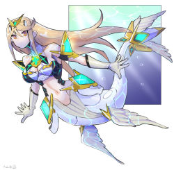 Rule 34 | 1girl, alternate species, bare shoulders, blonde hair, breasts, chest jewel, cleavage, cleavage cutout, clothing cutout, dress, gloves, highres, large breasts, long hair, mermaid, monster girl, mythra (xenoblade), oomasa teikoku, short dress, solo, swept bangs, very long hair, white dress, white gloves, xenoblade chronicles (series), xenoblade chronicles 2, yellow eyes