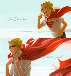 Rule 34 | 1boy, :d, aged down, blonde hair, boku no hero academia, cape, closed eyes, closed mouth, collared shirt, english text, grey shirt, highres, long sleeves, multiple views, open mouth, pants, parted bangs, red cape, shirt, short hair, short sleeves, smile, superman logo, teeth, trevo (trevoshere), upper body, upper teeth only, yagi toshinori