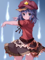 Rule 34 | 1girl, black ribbon, black skirt, blue background, blue eyes, blue fire, blue hair, blush, breasts, cabbie hat, commentary request, cowboy shot, fire, from behind, gradient background, hair between eyes, hat, highres, jiangshi, looking at viewer, looking back, medium breasts, miyako yoshika, neck ribbon, ofuda, outstretched arms, parted lips, red hat, red shirt, ribbon, ruu (tksymkw), shirt, short hair, short sleeves, skirt, solo, standing, star (symbol), thighs, touhou, zombie pose
