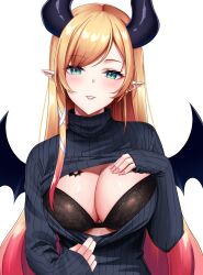 Rule 34 | 1girl, absurdres, black bra, black horns, black sweater, blonde hair, blush, bra, breast tattoo, breasts, cleavage, cleavage cutout, clothes pull, clothing cutout, commentary, demon girl, demon horns, demon wings, english commentary, flashing, gradient hair, green eyes, hair ribbon, hand on own chest, highres, hololive, horns, lace, lace bra, large breasts, long hair, long sleeves, looking at viewer, multicolored hair, parted lips, pink hair, pink nails, pointy ears, ribbon, sei joshikou, simple background, single sidelock, sleeves past wrists, solo, straight-on, sweater, sweater pull, swept bangs, tattoo, tress ribbon, turtleneck, turtleneck sweater, underwear, upper body, virtual youtuber, white background, winged heart, wings, yuzuki choco