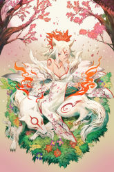 Rule 34 | 1girl, amaterasu (ookami), animal ears, bare shoulders, black eyes, black nails, bodypaint, breasts, bright pupils, claws, cleavage, closed mouth, detached sleeves, dress, facial mark, faux figurine, fire, fire, floral print, flower, forehead mark, gradient background, grass, highres, humanization, large breasts, long hair, long sleeves, looking at viewer, nail polish, on grass, ookami (game), petals, print sleeves, salmon88, sleeping, smile, strapless, strapless dress, tree, tsurime, white dress, white hair, wide sleeves, wolf, wolf ears