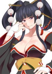 Rule 34 | 1girl, bare shoulders, black hair, breasts, bridal gauntlets, cleavage, collarbone, dead or alive, dead or alive 5, detached sleeves, female focus, hair ornament, hand on own hip, hat, hime cut, japanese clothes, kupala, large breasts, long sleeves, looking at viewer, mole, neck, nyotengu, obi, purple eyes, sash, sideboob, sidelocks, simple background, smile, solo, strapless, tengu, tokin hat, twintails, two side up, upper body, white background, wide sleeves