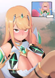 Rule 34 | 1girl, blonde hair, blush, breasts, cleavage, heart, heart-shaped pupils, highres, large breasts, moebell, mythra (xenoblade), symbol-shaped pupils, xenoblade chronicles (series), xenoblade chronicles 2