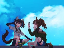 Rule 34 | 2girls, \m/, ^ ^, animal ears, bad id, bad twitter id, belt, blue skirt, blush, brown hair, cellphone, closed eyes, cloud, crop top, cutoffs, daitaku helios (umamusume), denim, denim shorts, ear covers, elbow gloves, fang, fingerless gloves, fur-trimmed jacket, fur trim, gloves, green jacket, hair ornament, hairclip, hand up, high tops, holding, holding phone, horse ears, horse girl, horse tail, jacket, jewelry, kneehighs, korean commentary, mejiro palmer (umamusume), multicolored hair, multiple girls, navel, necklace, off shoulder, open mouth, outdoors, phone, rio (rio 067), shirt, shoes, short sleeves, shorts, side ponytail, sitting, skirt, smartphone, sneakers, socks, tail, taking picture, thigh strap, turtleneck, twitter username, two-tone hair, umamusume, watch, white shirt, wristwatch