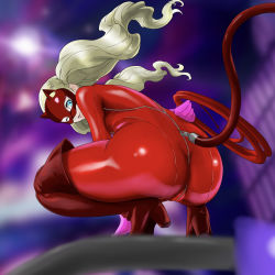 Rule 34 | 1girl, ass, blonde hair, blue eyes, blush, bodysuit, boots, high heel boots, high heels, highres, latex, latex bodysuit, latex suit, long hair, mask, persona, persona 5, smile, solo, squatting, takamaki anne, twintails