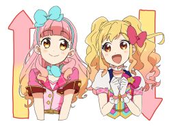 Rule 34 | 10s, 2girls, :d, aikatsu! (series), aikatsu friends!, aikatsu stars!, belt, blonde hair, blunt bangs, blush, bow, brown eyes, choker, clenched hands, commentary, gloves, gradient hair, hair bow, hair ribbon, hairband, idol, long hair, looking at another, multicolored hair, multiple girls, nijino yume, open mouth, own hands together, pink hair, puffy short sleeves, puffy sleeves, ribbon, sakuragi mochi, short sleeves, smile, twintails, upper body, yuki aine