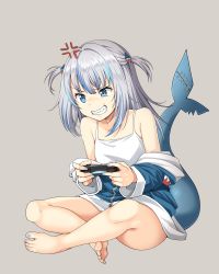 Rule 34 | anger vein, animal hood, barefoot, blue eyes, blue hair, blue nails, blue toenails, blunt bangs, clenched teeth, controller, fins, fish tail, game controller, gawr gura, grey background, hair ornament, highres, holding, hololive, hololive english, hood, indian style, long sleeves, multicolored hair, nail polish, open mouth, purple hair, shark hair ornament, sharp teeth, shirt, simple background, sitting, sleeveless, sutemeto, tagme, tail, tank top, teeth, toes, two side up, virtual youtuber, white shirt, zipper