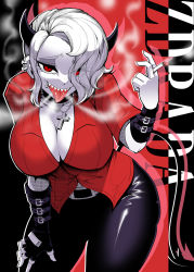 Rule 34 | belt, between fingers, black horns, breasts, character name, cigarette, cleavage, colored skin, cross, demon girl, demon horns, demon tail, earrings, fingerless gloves, gloves, hair over one eye, helltaker, highres, holding, horns, jewelry, large breasts, looking at viewer, necklace, piercing, red eyes, red shirt, sharp teeth, shirt, short hair, smoking, solo, tail, teeth, tongue, tongue out, warugaki (sk-ii), white hair, white skin, wristband, zdrada (helltaker)