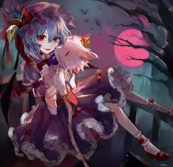 Rule 34 | 1girl, bad id, bad twitter id, bat (animal), bat wings, blue hair, bow, crown, dress, fang, frilled dress, frills, full moon, hat, hat ribbon, loalo, looking at viewer, mary janes, mob cap, moon, night, parted lips, pink dress, puffy sleeves, red eyes, red moon, remilia scarlet, ribbon, shoes, short hair, short sleeves, sitting, smile, socks, solo, stuffed animal, stuffed toy, touhou, tree, white socks, wings